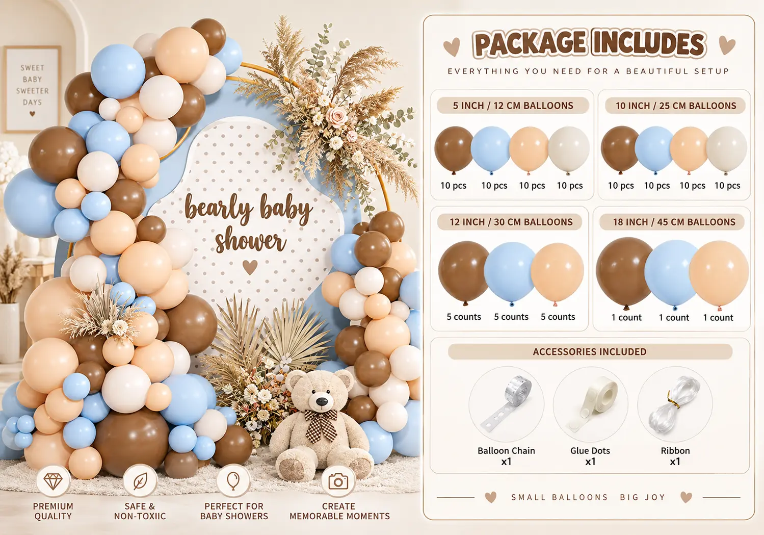 Baby Shower Balloon Arch Kit sample with balloons accessories reveal accents and packaging